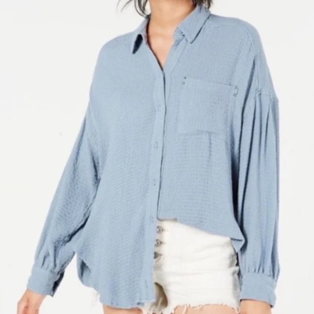 Free People Blue Solid Hidden Valley Button Down Long Sleeve Shirt - Picture 8 of 8